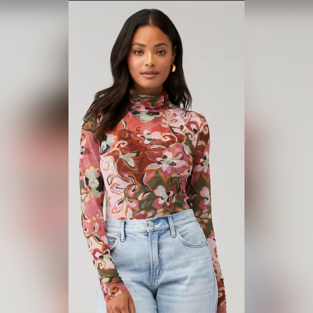 Misa Los Angeles Nadja Pink Floral Mesh Fitted Turtleneck Long Sleeve Blouse - Picture 8 of 12